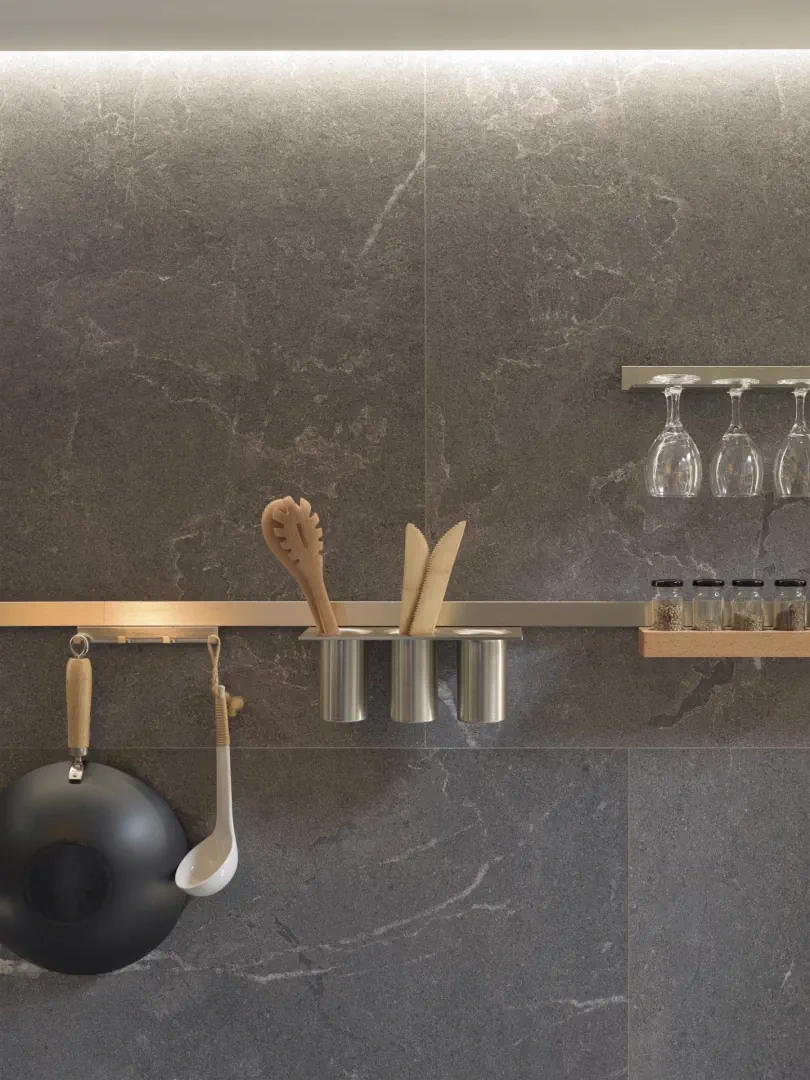 Gres Porcelanosa LUCERNA efekt kamień - aranzacja w minimalistycznym wnetrzu