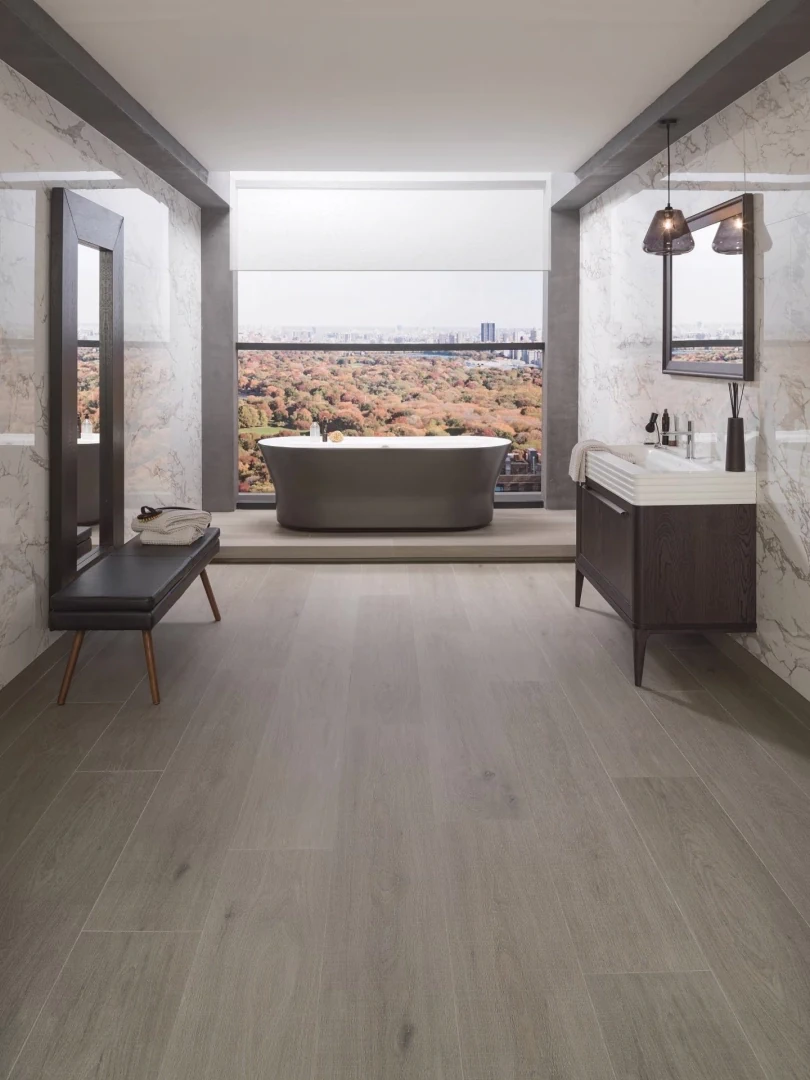 Gres Porcelanosa DEVON efekt drewno - aranzacja w nowoczesnym salonie