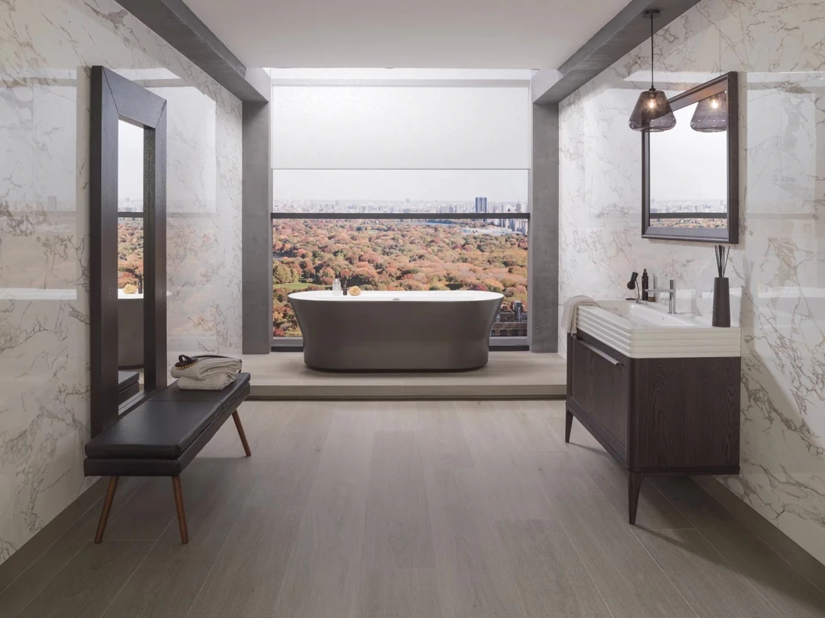 Gres Porcelanosa DEVON efekt drewno - aranzacja w eleganckiej lazience