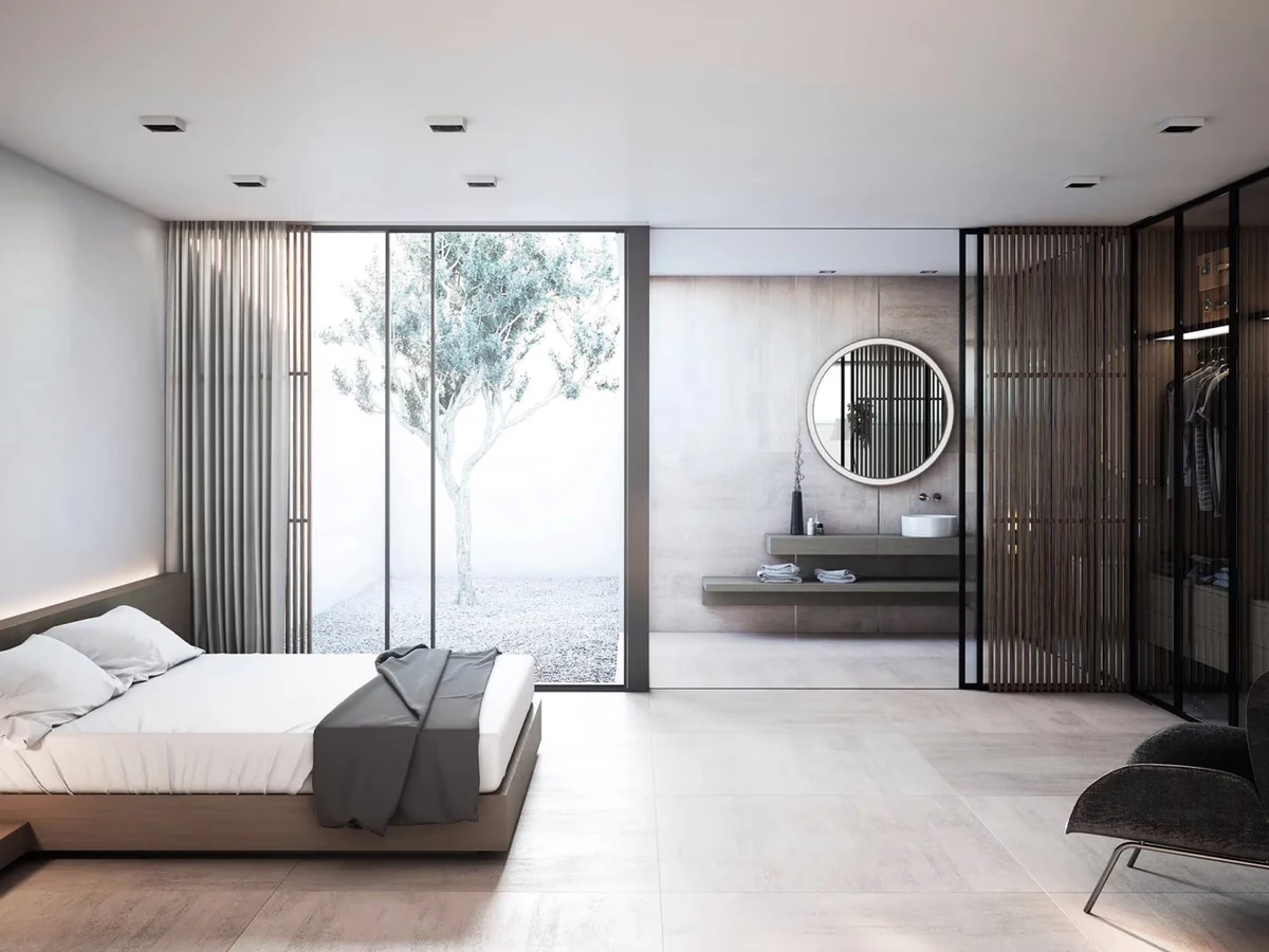 Gres Porcelanosa NANTES efekt beton - aranzacja w przestronnym holu