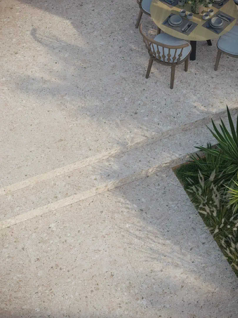 Gres Porcelanosa TRENTO efekt terrazzo, kamień - aranzacja w minimalistycznym wnetrzu