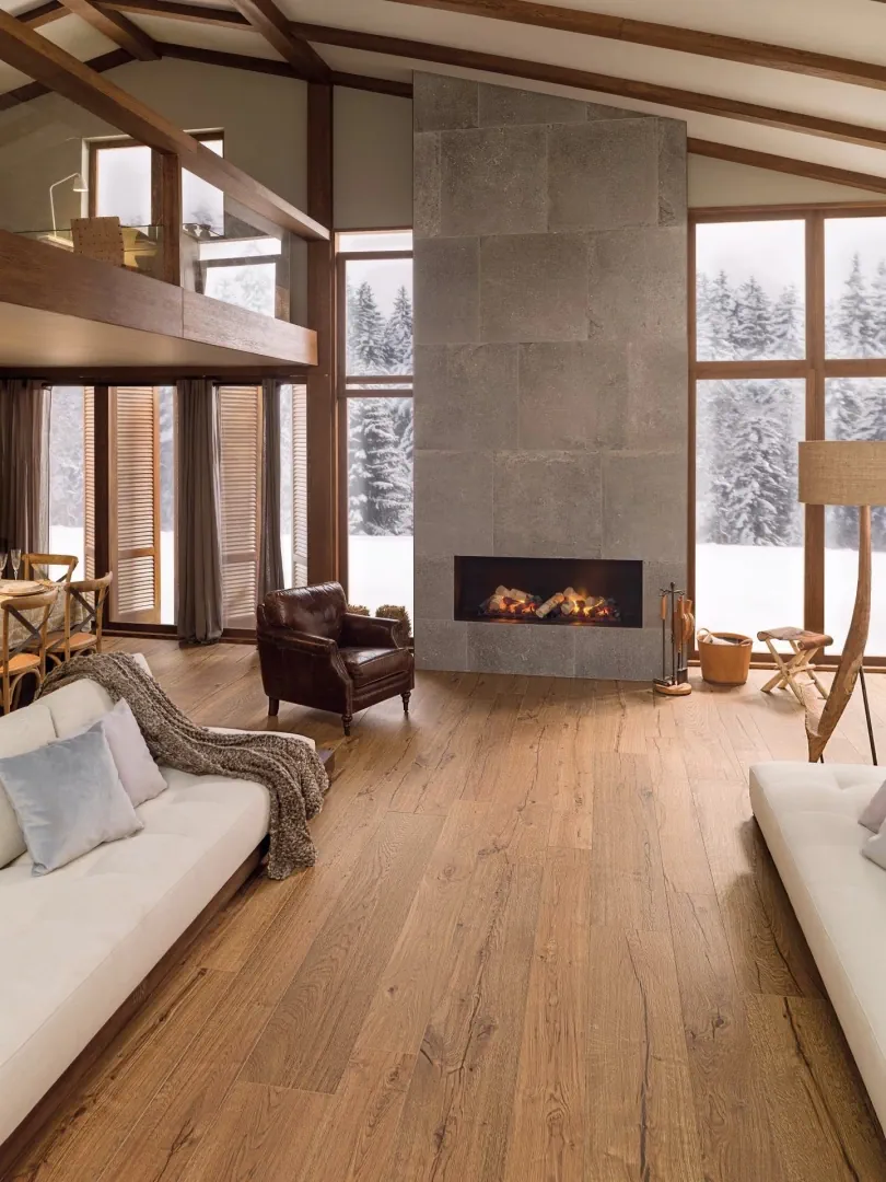 Gres Porcelanosa DELAWARE efekt drewno - aranzacja w przy kominku