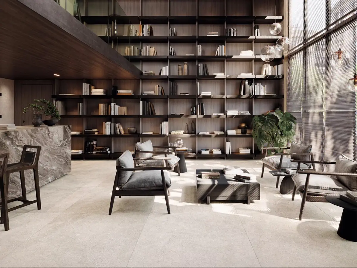 Gres Porcelanosa SADDLE efekt kamień - aranzacja w nowoczesnym salonie