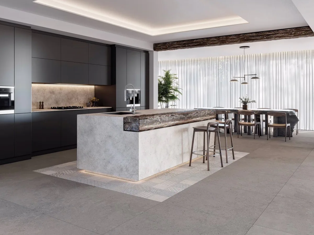 Gres Porcelanosa BERNA efekt kamień - aranzacja w przestronnym holu