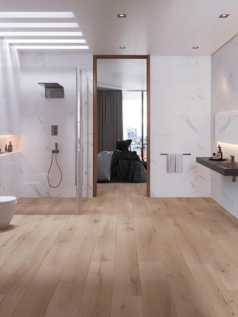 Gres Porcelanosa ARTIC efekt marmur - aranzacja w przestronnym holu