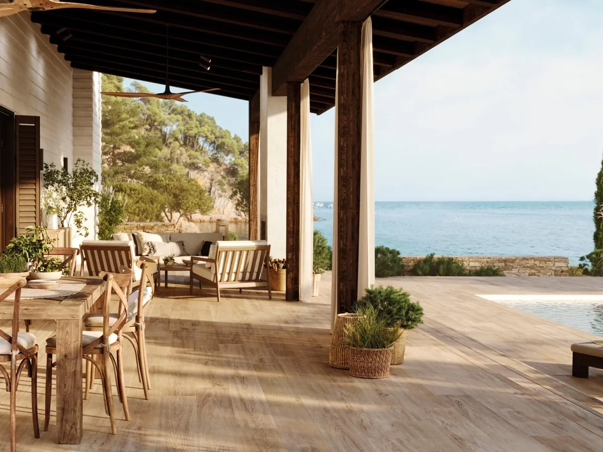 Gres Porcelanosa TANZANIA efekt drewno - aranzacja w nowoczesnym salonie