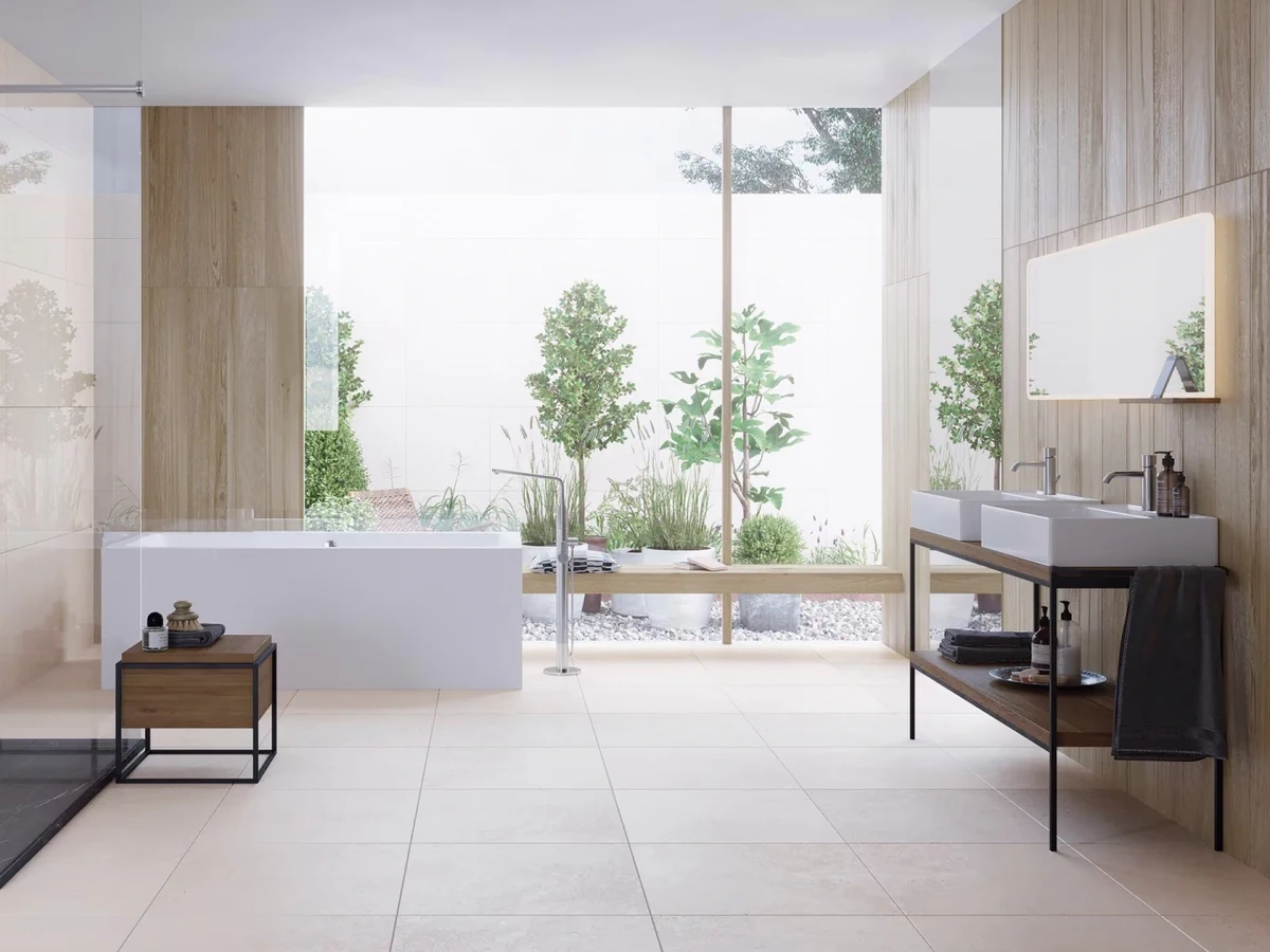 Gres Porcelanosa NOBU efekt drewno - aranzacja w przestronnym holu
