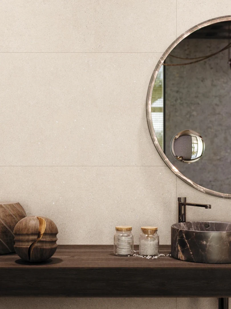 Gres Porcelanosa TERRA efekt beton - aranzacja w przestronnym holu
