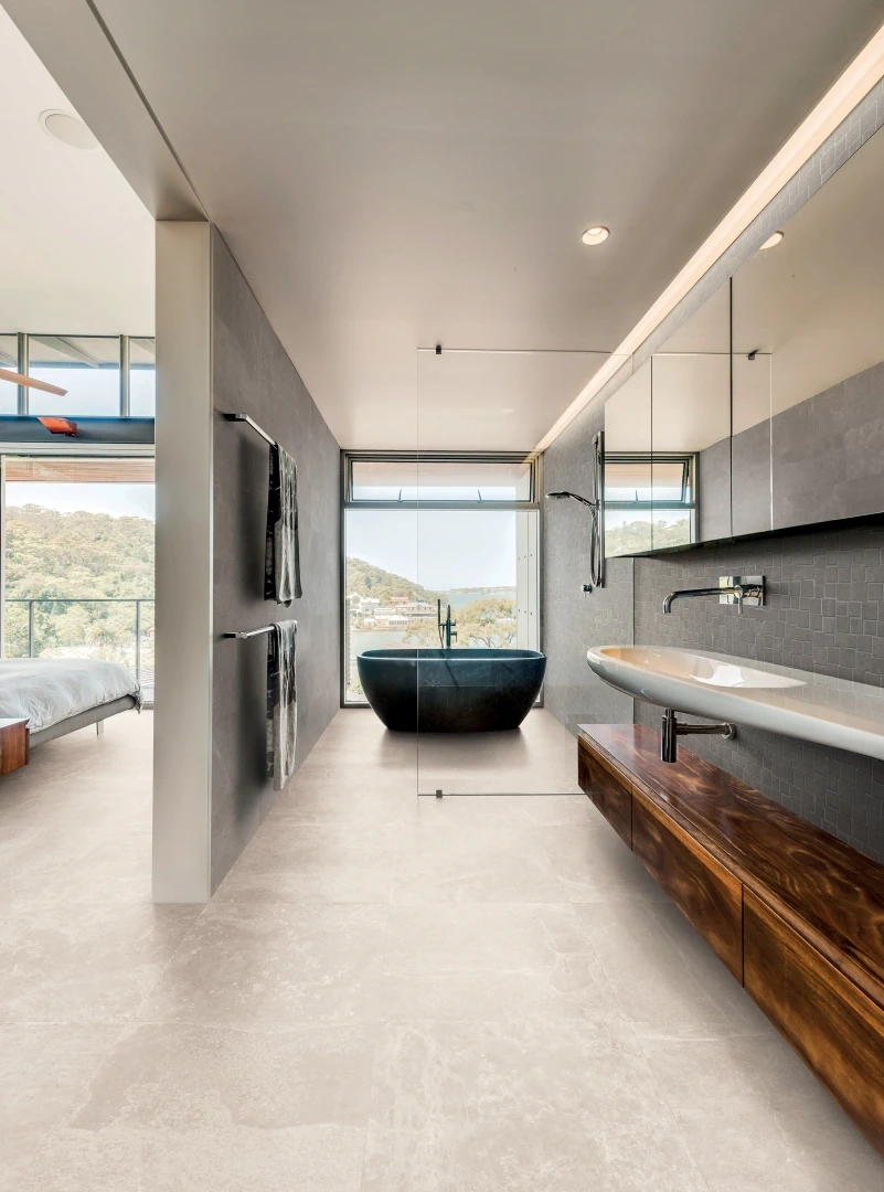 Gres Provenza GROOVE efekt beton - aranzacja w nowoczesnym salonie