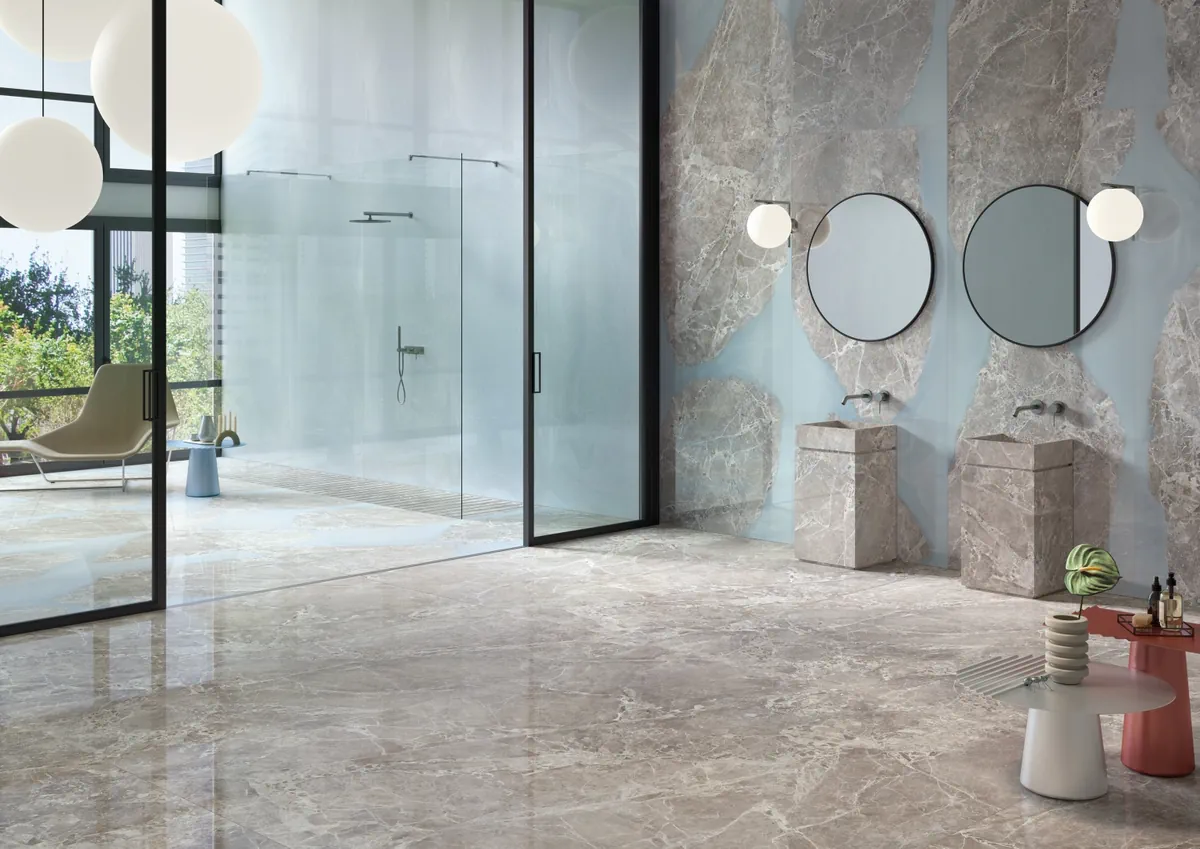 Gres Provenza UNIQUE MARBLE efekt beton, marmur - aranzacja w przy kominku
