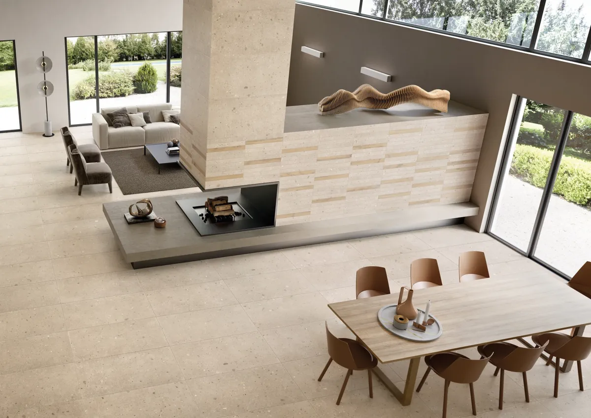Gres Provenza EGO efekt terrazzo - aranzacja w przy kominku