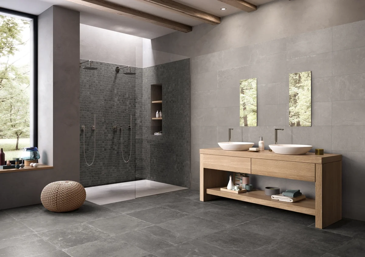 Gres Provenza GROOVE efekt beton - aranzacja w strefie dziennej z duzymi przeszkleniami