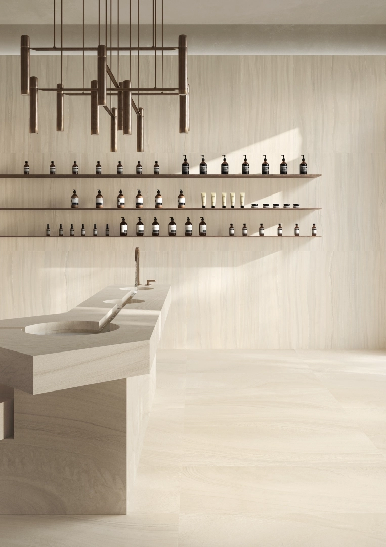Gres Provenza VARANA STONE efekt kamień - aranzacja w minimalistycznym wnetrzu