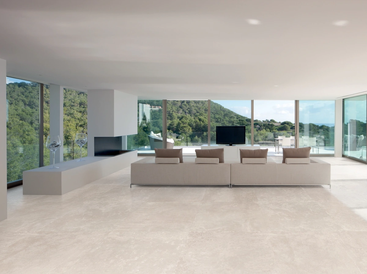 Gres Provenza GROOVE efekt beton - aranzacja w strefie dziennej z duzymi przeszkleniami