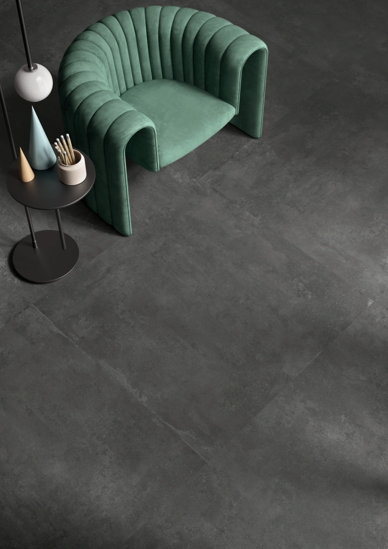 Gres Provenza RE-PLAY CONCRETE efekt beton - aranzacja w strefie dziennej z duzymi przeszkleniami