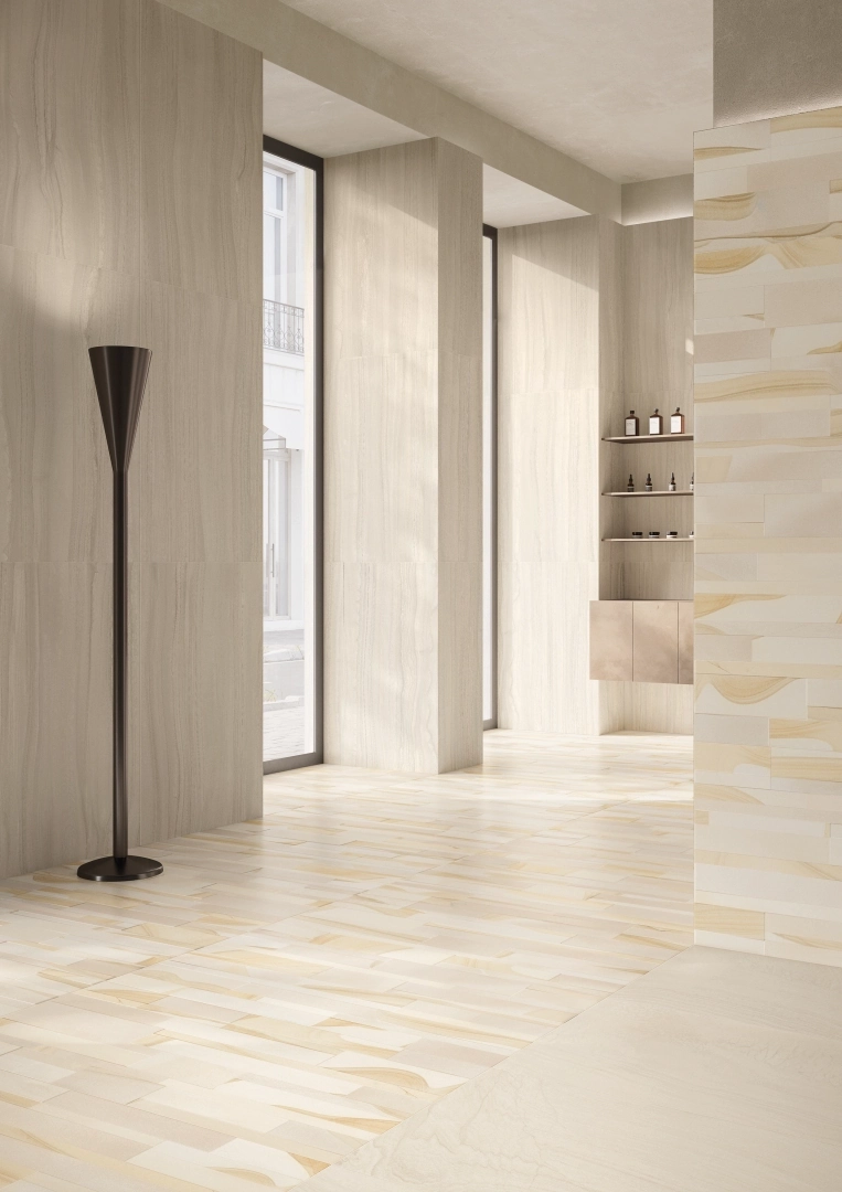 Gres Provenza VARANA STONE efekt kamień - aranzacja w strefie dziennej z duzymi przeszkleniami