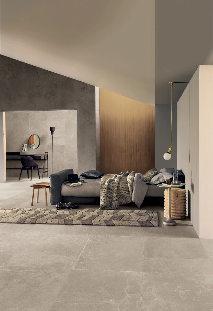 Gres Provenza GROOVE efekt beton - aranzacja w nowoczesnym salonie
