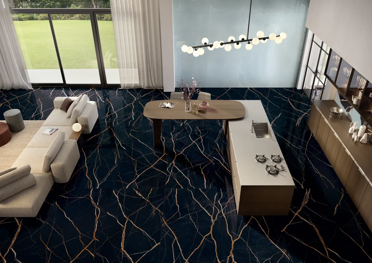 Gres Provenza UNIQUE MARBLE efekt beton, marmur - aranzacja w przy kominku