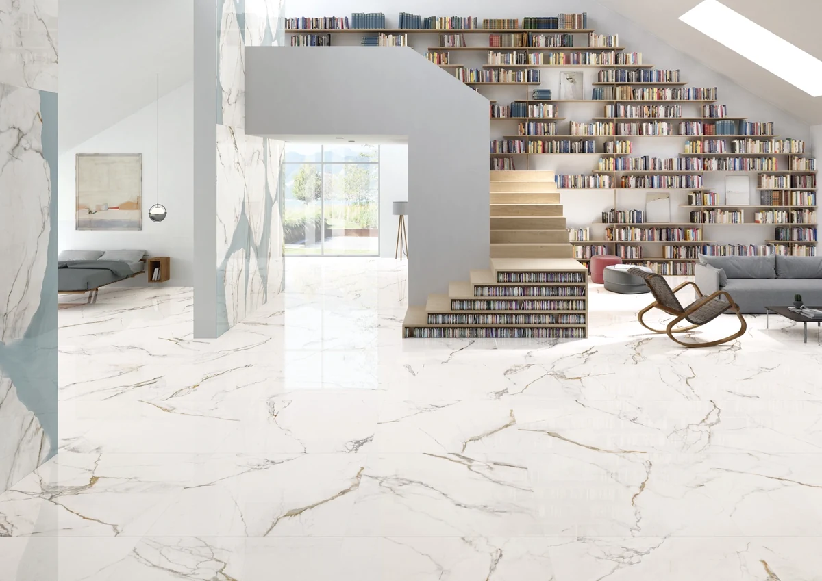 Gres Provenza UNIQUE MARBLE efekt beton, marmur - aranzacja w strefie dziennej z duzymi przeszkleniami