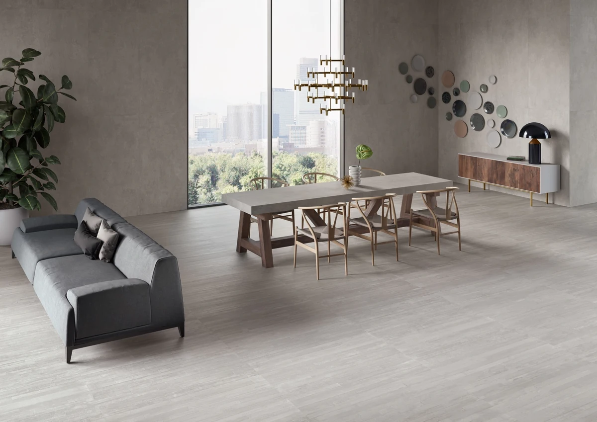 Gres Provenza RE-PLAY CONCRETE efekt beton - aranzacja w przy kominku
