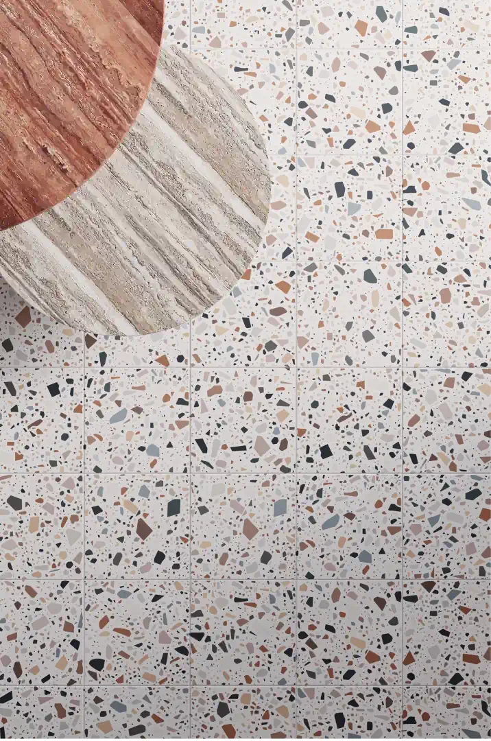 Gres Quintessenza CONFETTI efekt terrazzo, kamień - aranzacja w przestronnym holu
