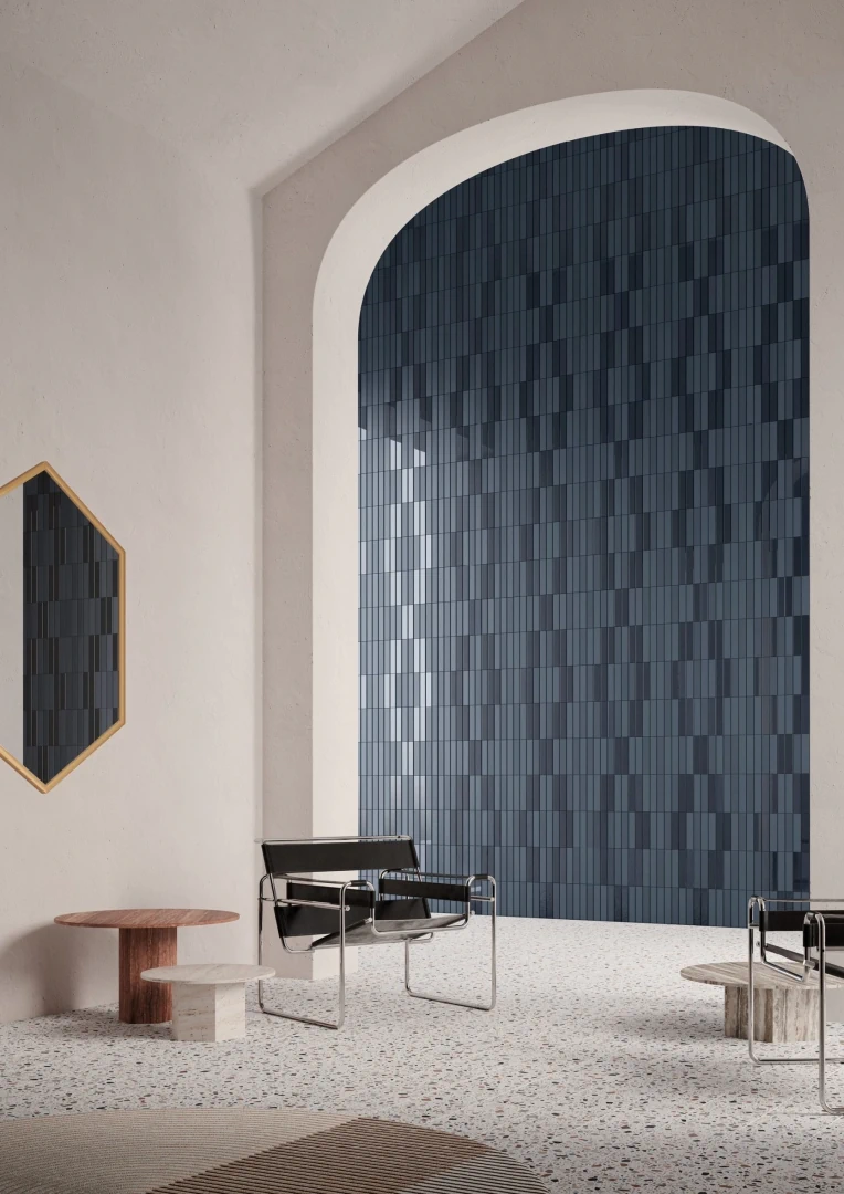 Gres Quintessenza CONFETTI efekt terrazzo, kamień - aranzacja w nowoczesnym salonie