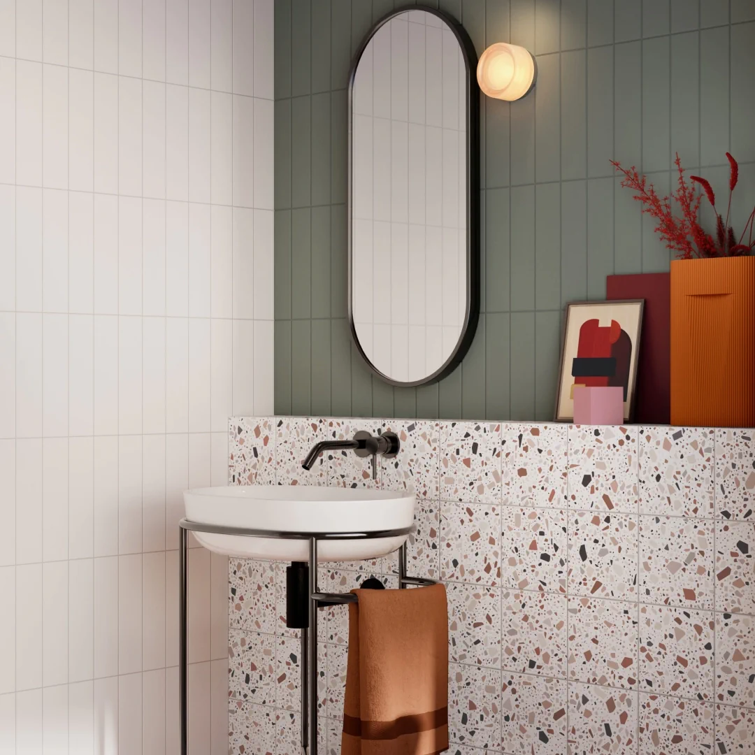 Gres Quintessenza CONFETTI efekt terrazzo, kamień - aranzacja w elewacji domu