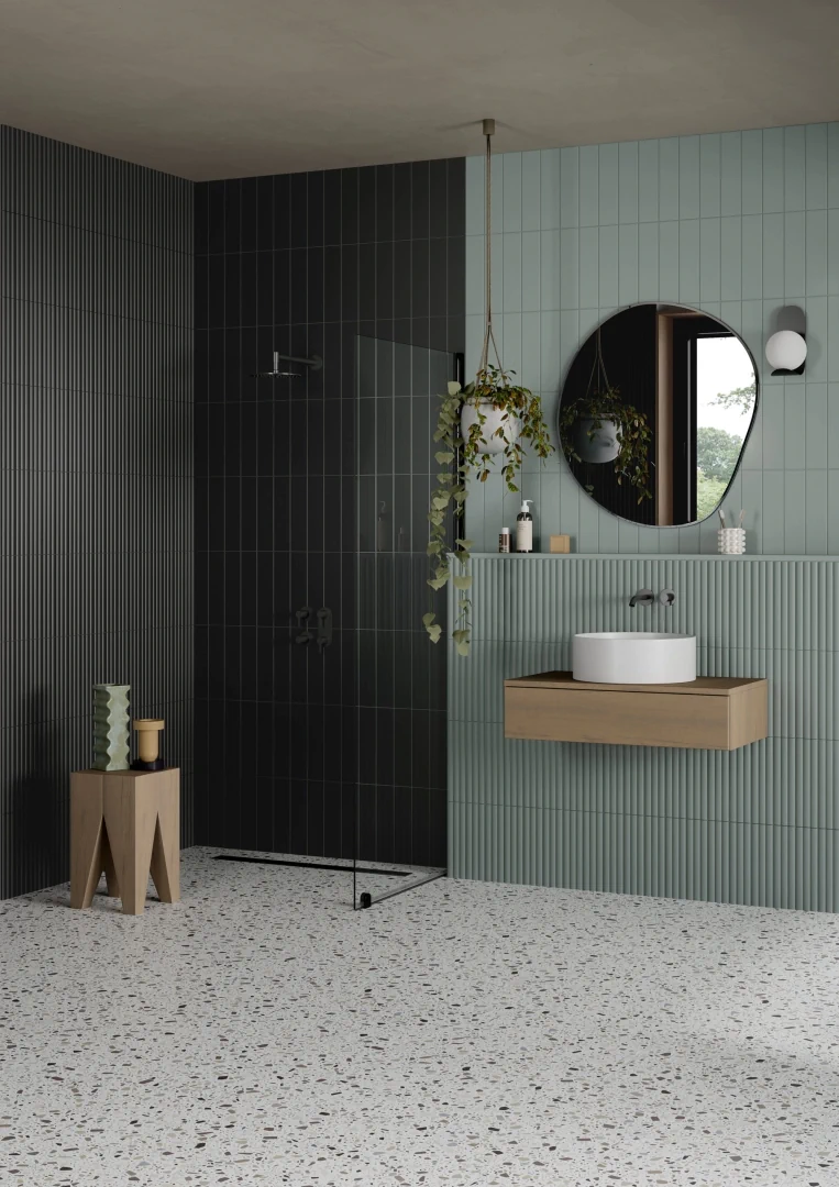 Gres Quintessenza CONFETTI efekt terrazzo, kamień - aranzacja w przy kominku