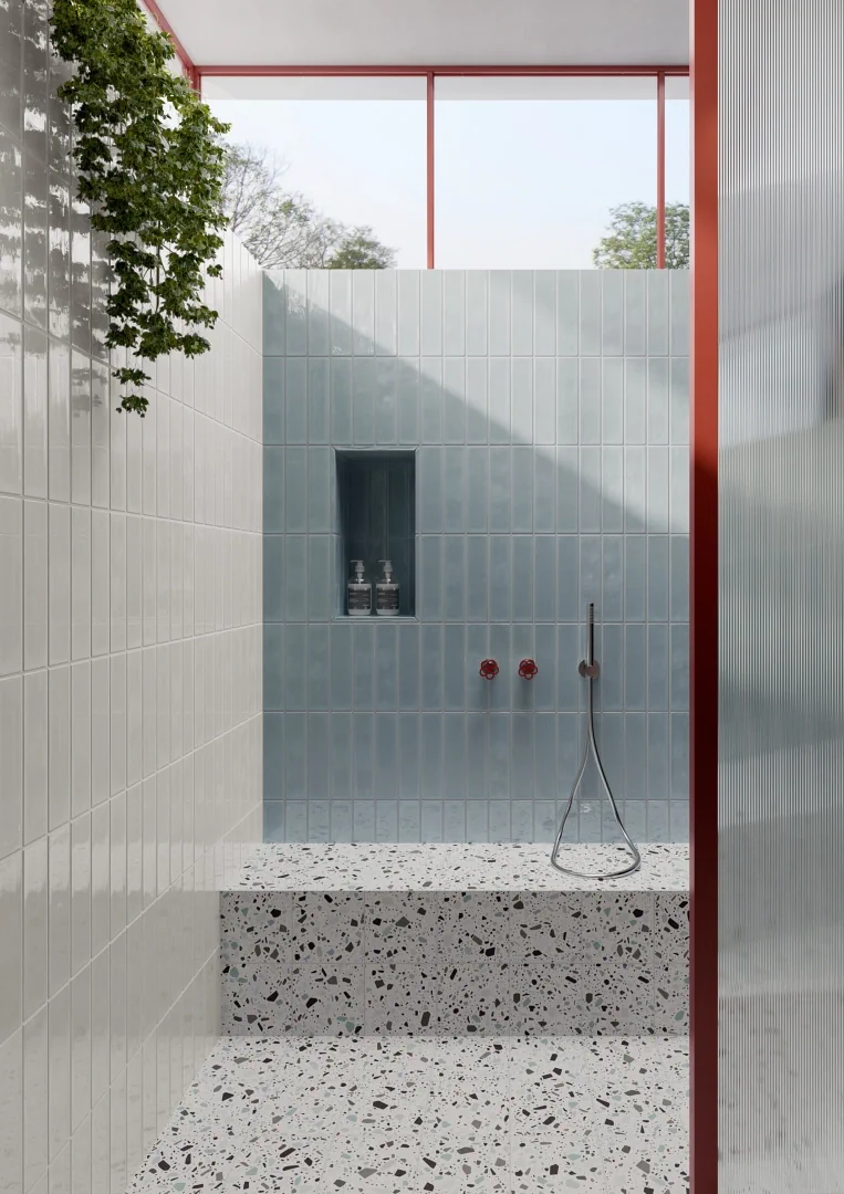 Gres Quintessenza CONFETTI efekt terrazzo, kamień - aranzacja w przy kominku
