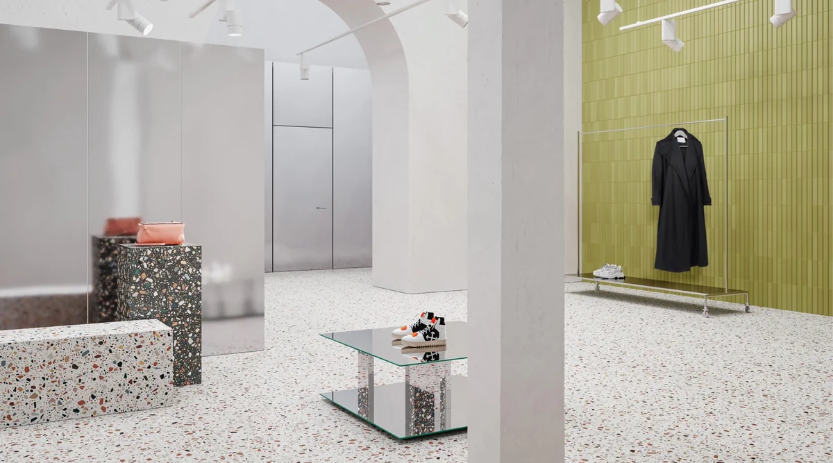 Gres Quintessenza CONFETTI efekt terrazzo, kamień - aranzacja w elewacji domu