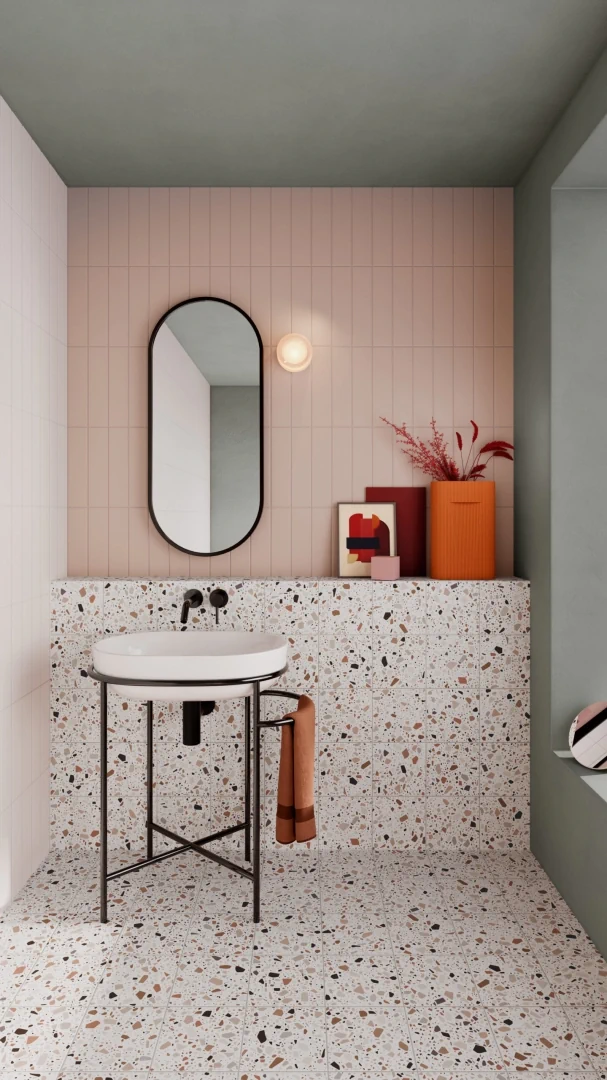 Gres Quintessenza CONFETTI efekt terrazzo, kamień - aranzacja w nowoczesnym salonie
