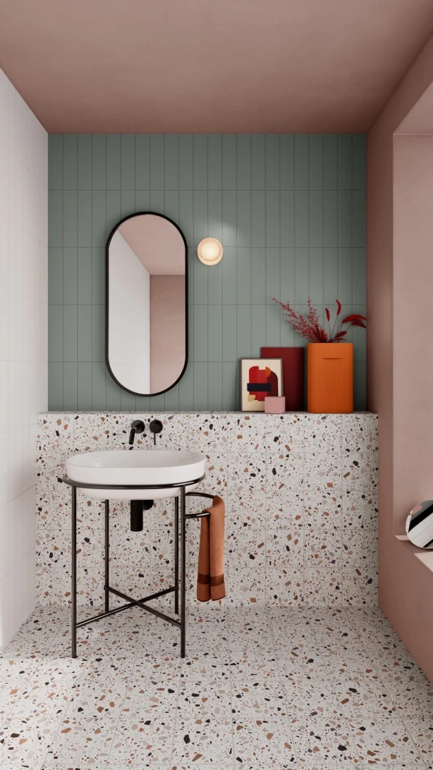 Gres Quintessenza CONFETTI efekt terrazzo, kamień - aranzacja w przestronnym holu