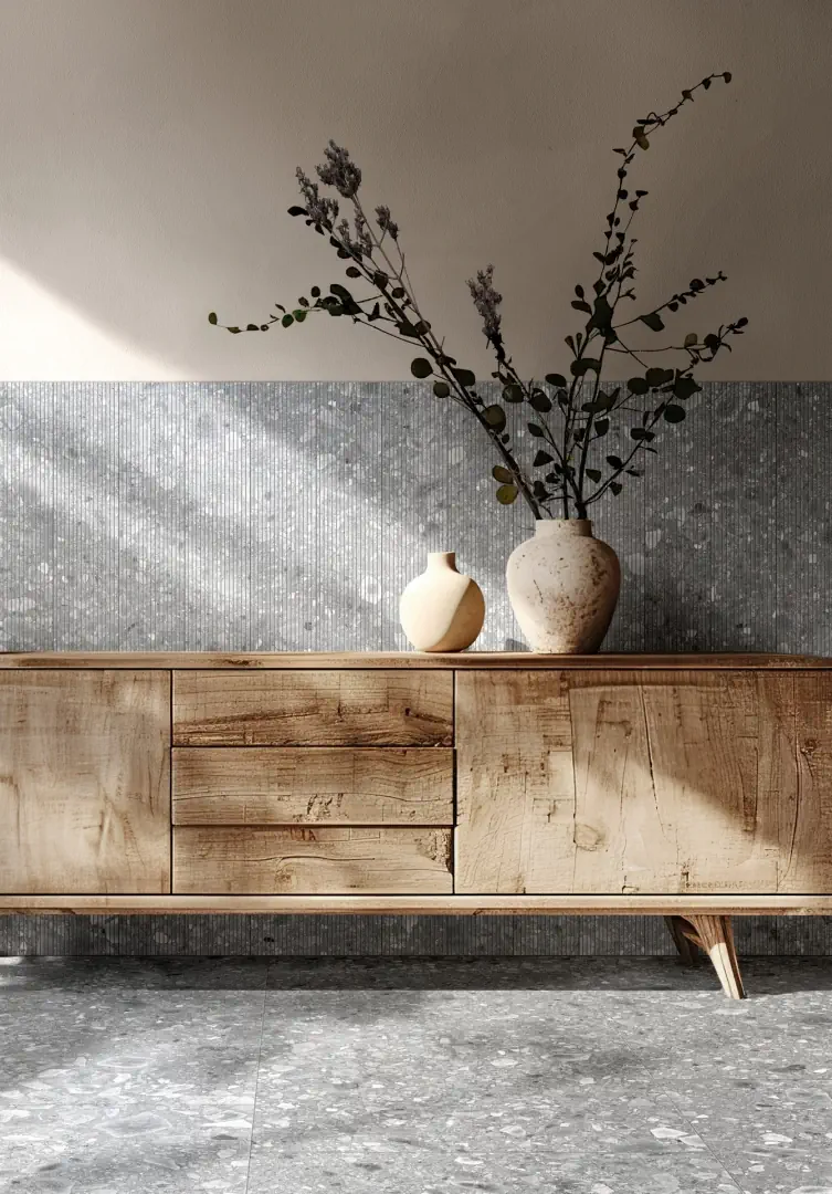 Gres Ragno REALSTONE_CEPPO efekt terrazzo - aranzacja w nowoczesnym salonie