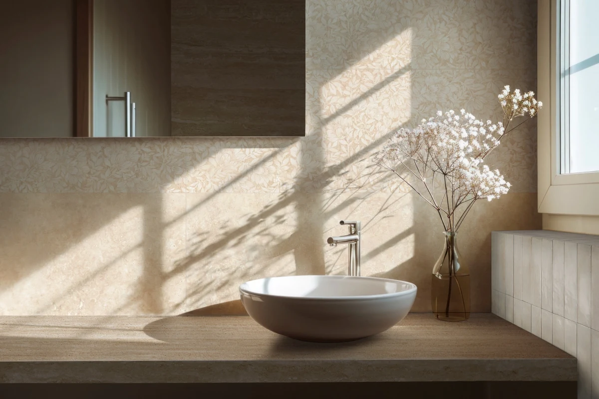 Gres Ragno TRAVERTINO WALL efekt kamień - aranzacja w eleganckiej lazience