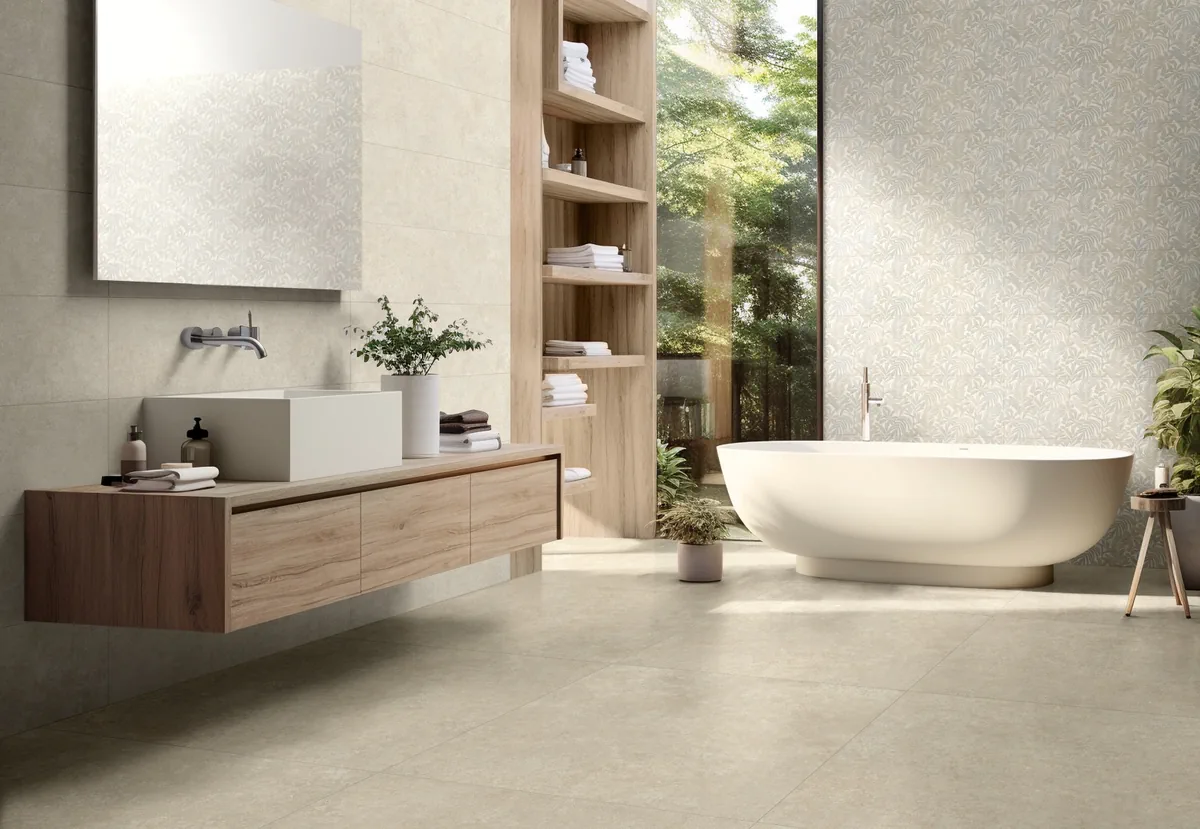 Gres Ragno TIEMPO WALL efekt beton - aranzacja w minimalistycznym wnetrzu