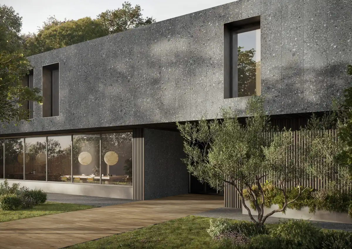 Gres Ragno REALSTONE_CEPPO efekt terrazzo - aranzacja w przestronnym holu
