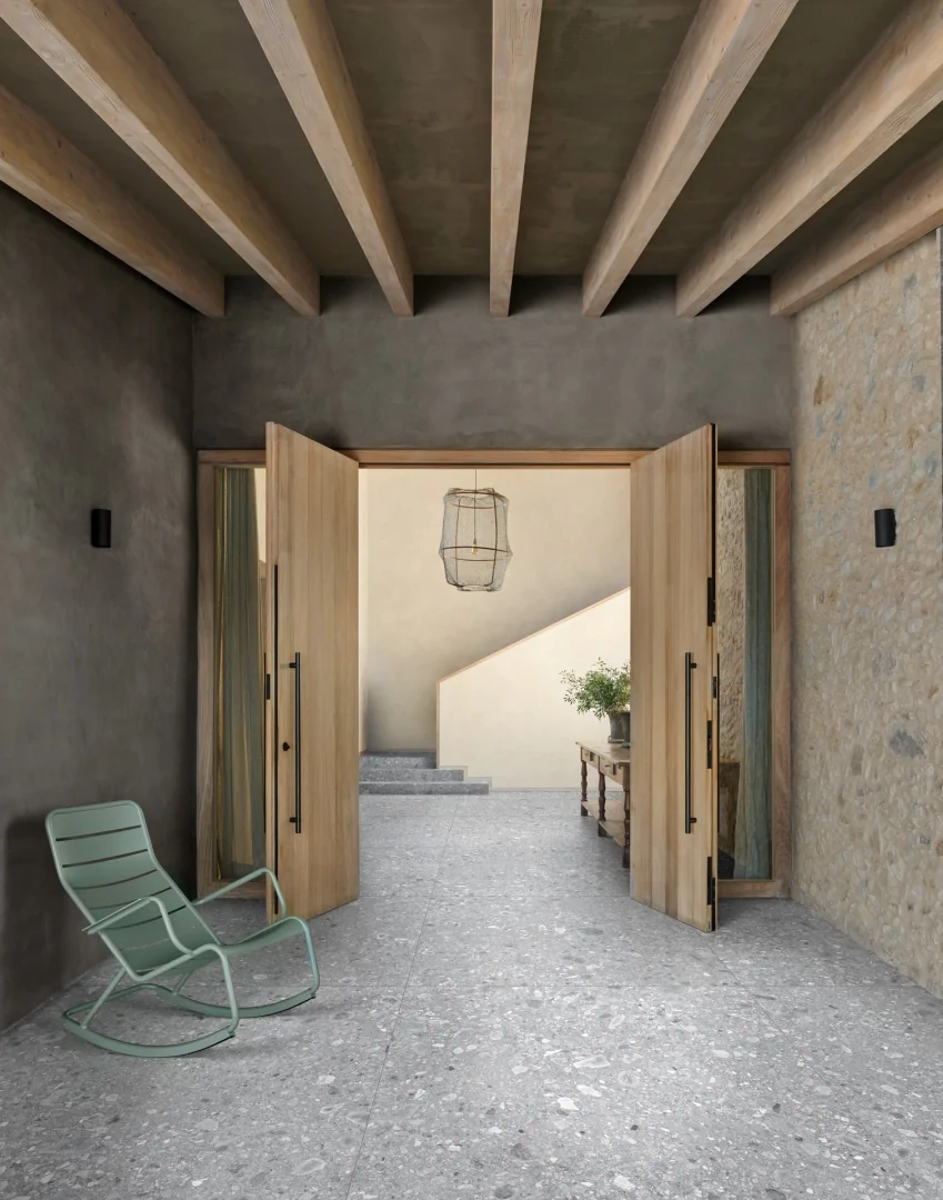 Gres Ragno REALSTONE_CEPPO efekt terrazzo - aranzacja w strefie dziennej z duzymi przeszkleniami