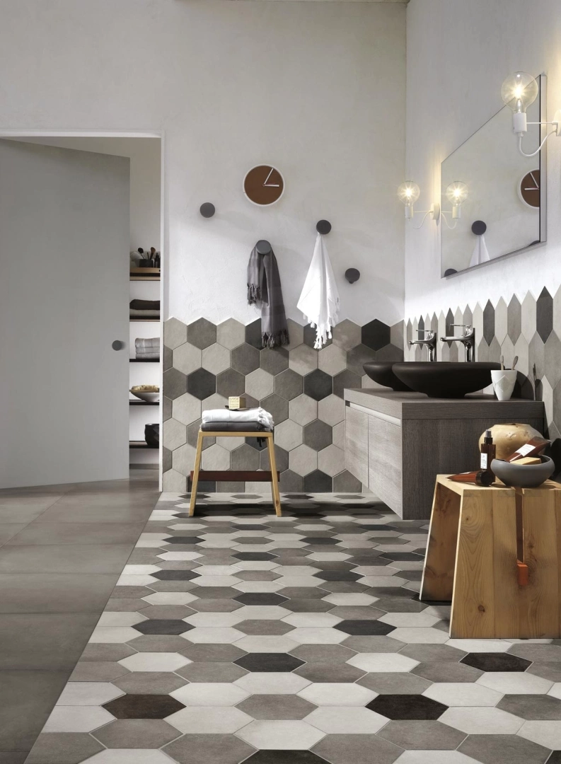 Gres Ragno REWIND efekt beton - aranzacja w eleganckiej lazience