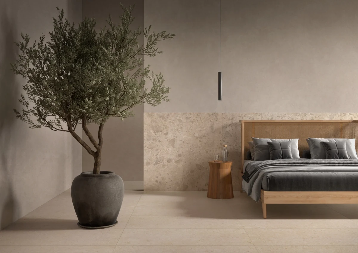 Gres Ragno ETERNA efekt terrazzo, kamień, beton, marmur - aranzacja w nowoczesnym salonie