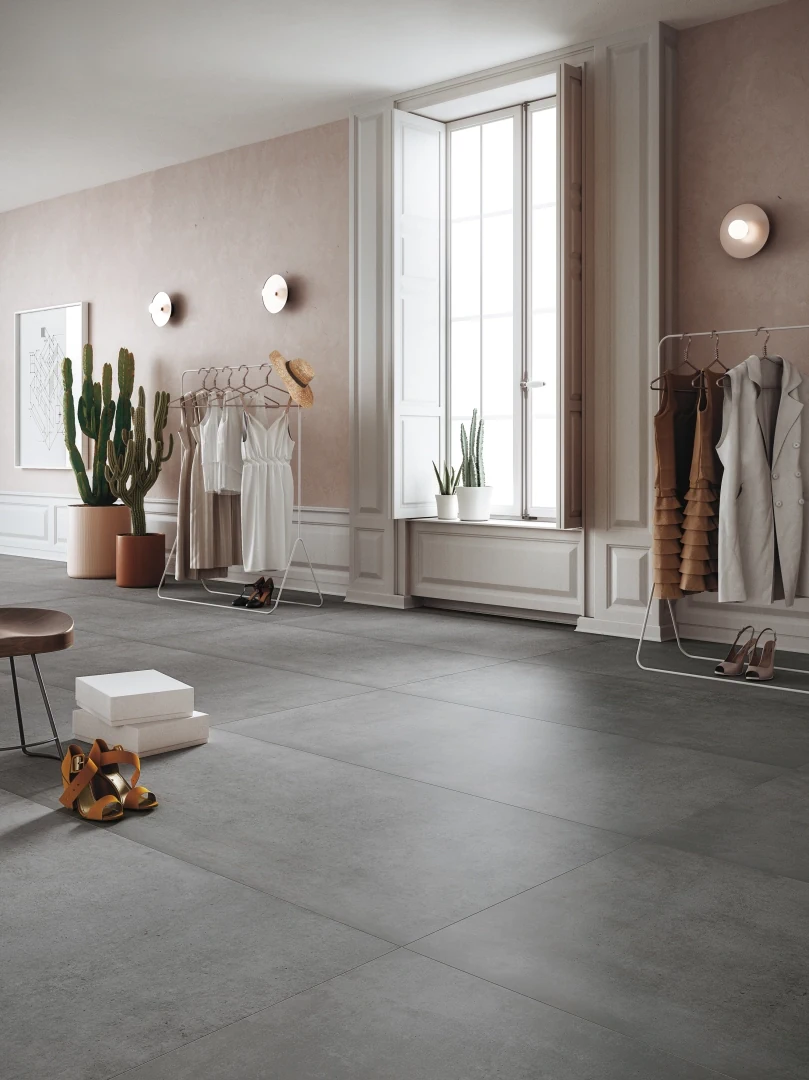 Gres Refin PLAIN efekt beton - aranzacja w minimalistycznym wnetrzu