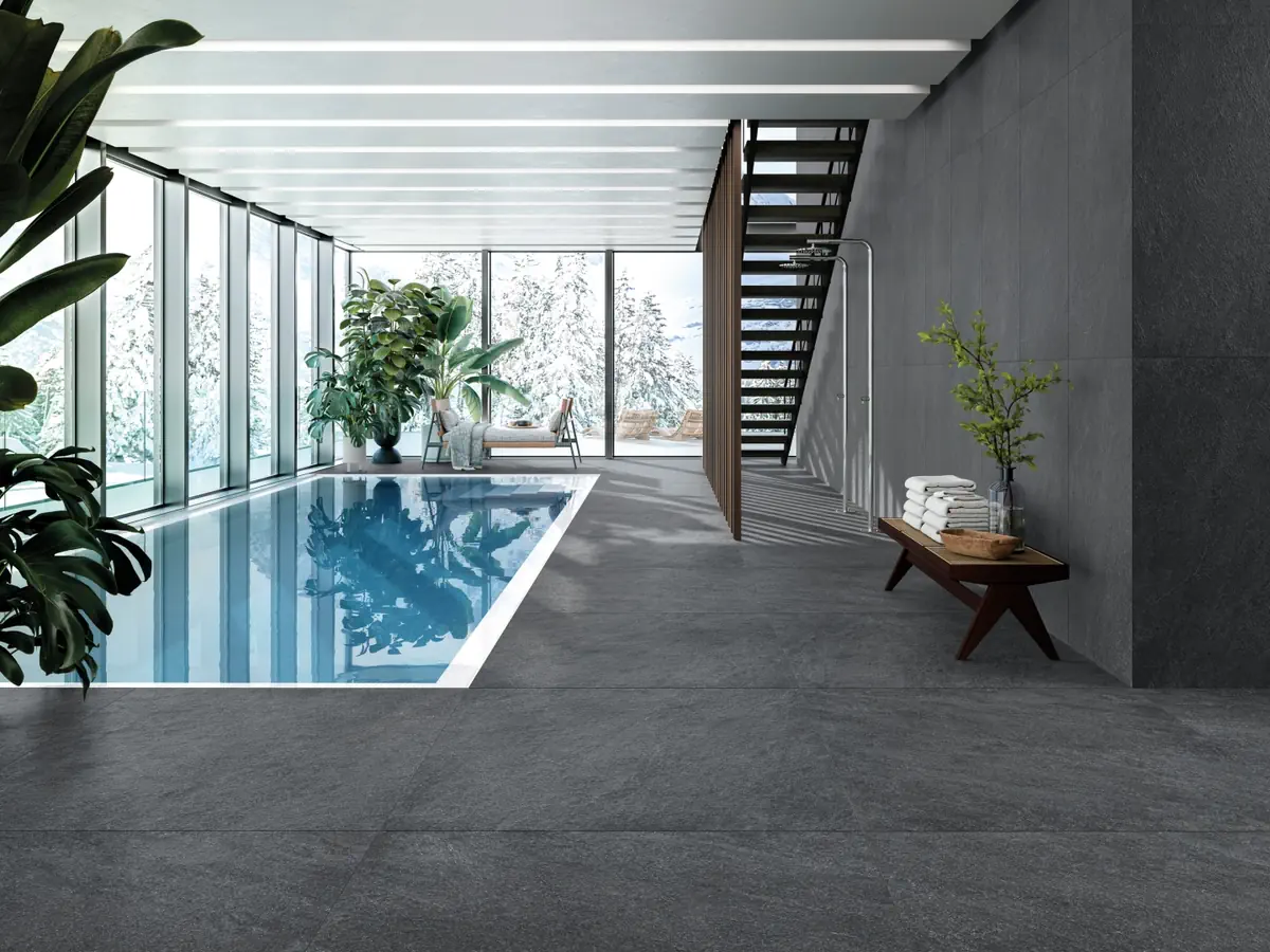 Gres Refin PRIMAL efekt kamień - aranzacja w eleganckiej lazience