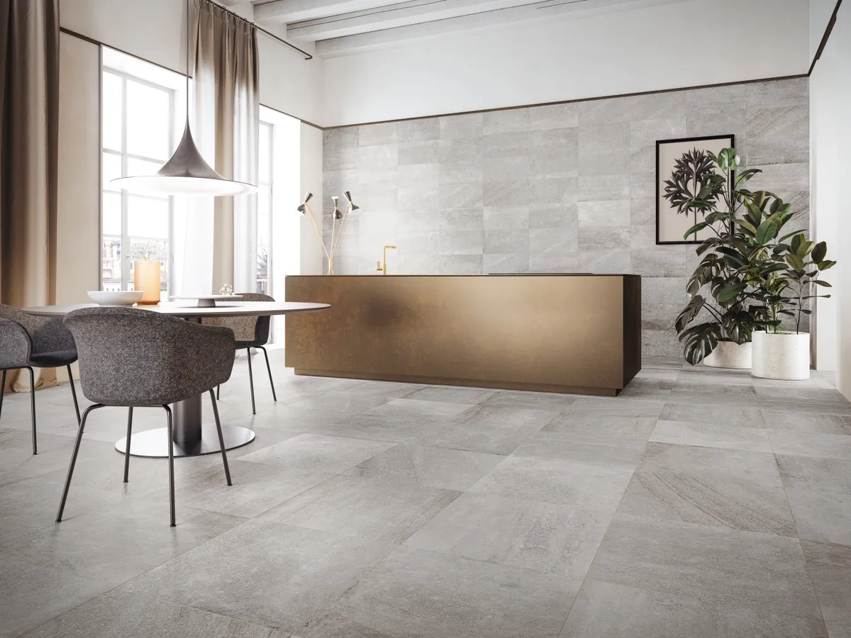 Gres Refin BLENDED efekt kamień - aranzacja w minimalistycznym wnetrzu