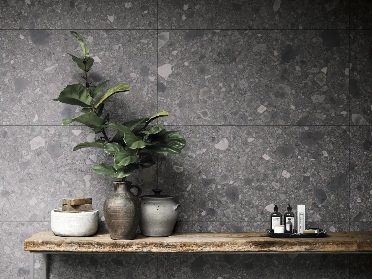 Gres Refin OROBICA efekt terrazzo - aranzacja w eleganckiej lazience