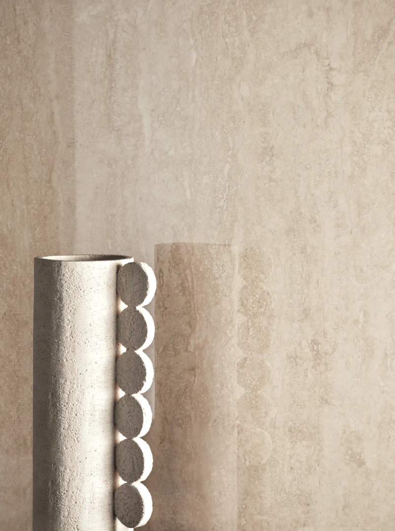 Gres Refin PRESTIGIO TRAVERTINO efekt marmur - aranzacja w eleganckiej lazience