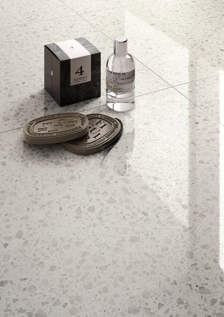 Gres Refin FLAKE efekt terrazzo - aranzacja w nowoczesnym salonie