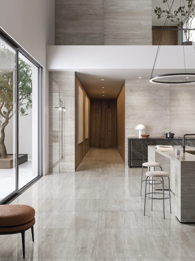 Gres Refin PRESTIGIO TRAVERTINO efekt marmur - aranzacja w minimalistycznym wnetrzu