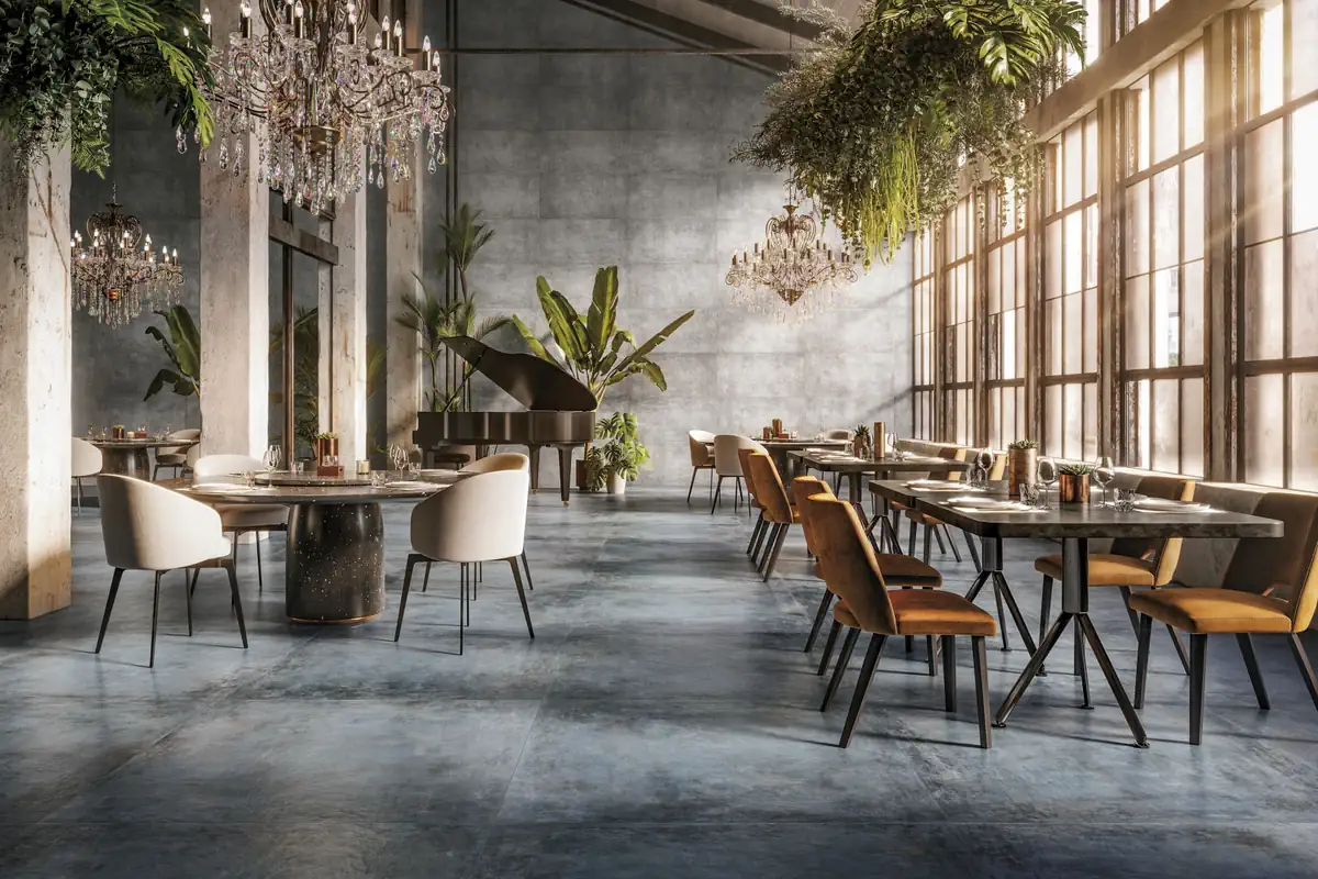 Gres Refin AFFRESCATI efekt metal, beton - aranzacja w minimalistycznym wnetrzu