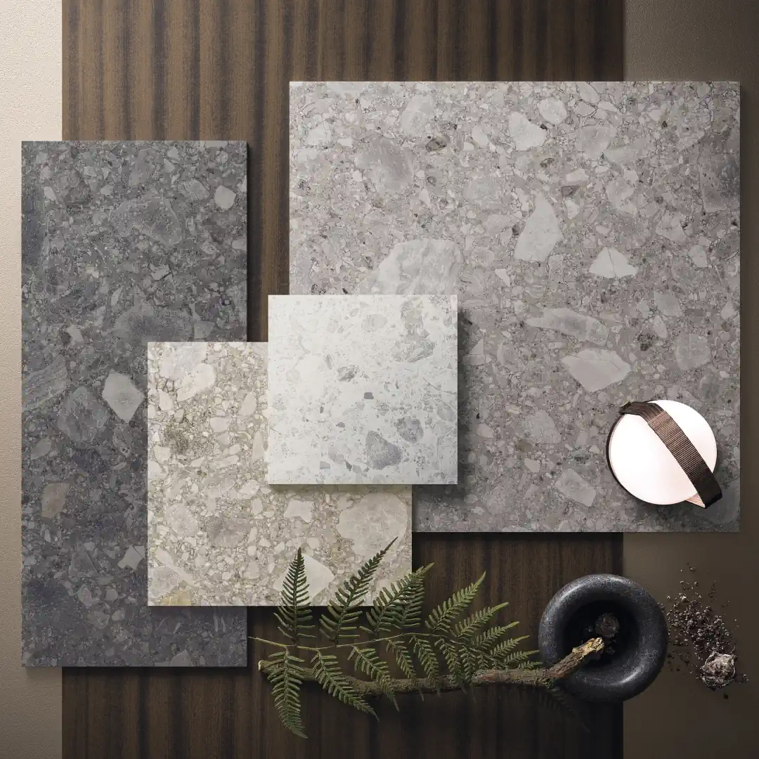 Gres Refin OROBICA efekt terrazzo - aranzacja w przestronnym holu