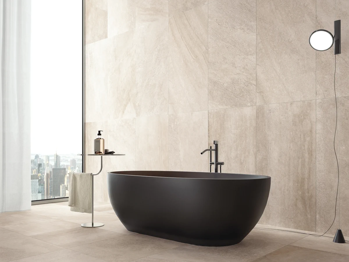 Gres Refin BLENDED efekt kamień - aranzacja w eleganckiej lazience