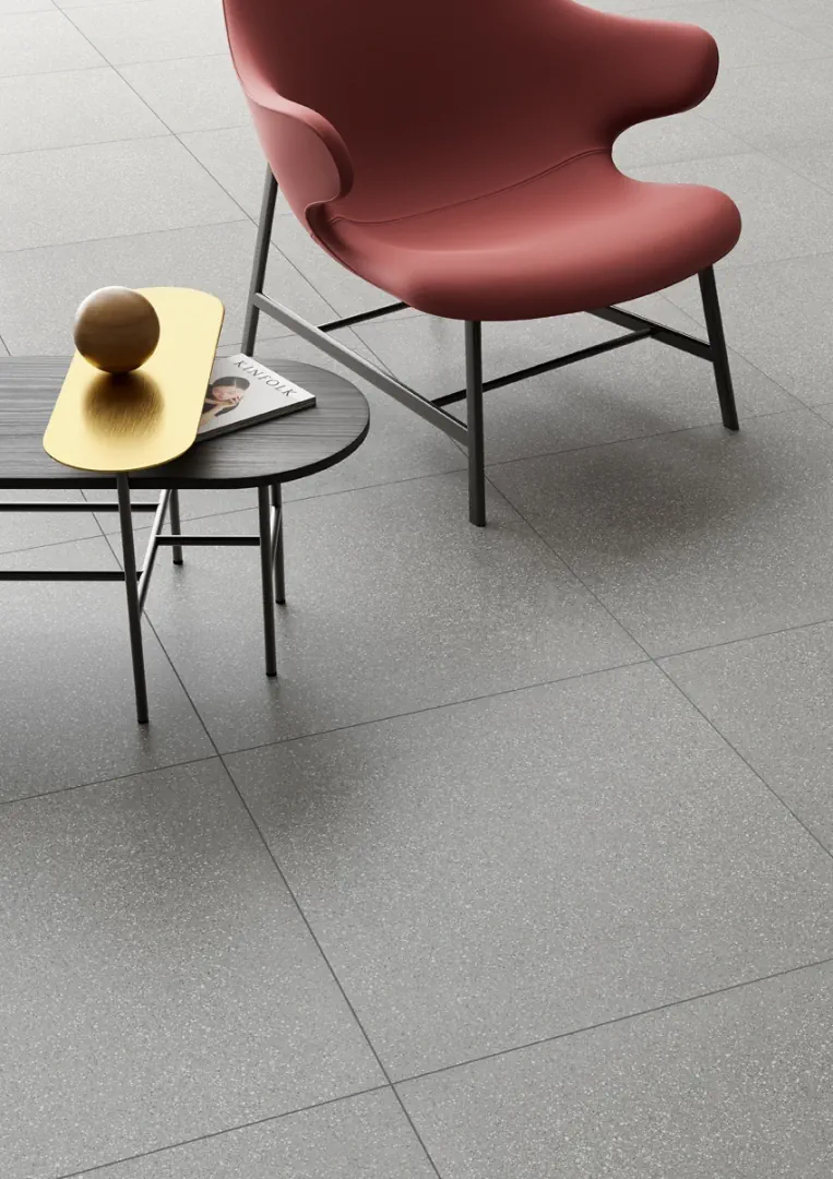Gres Refin FLAKE efekt terrazzo - aranzacja w przy kominku